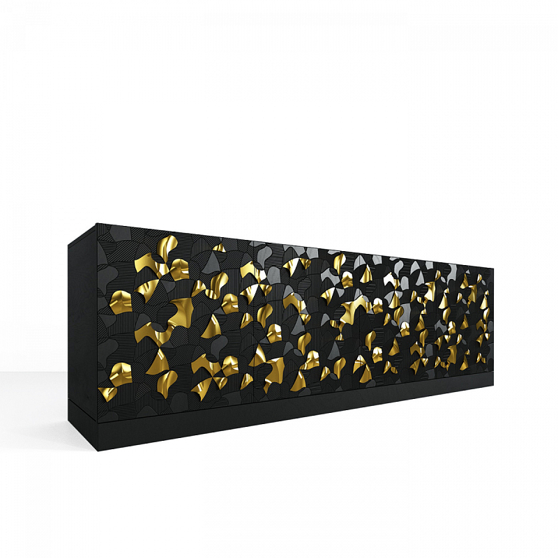 Комод большой инкрустированный золотым орнаментом Wooden Petals Gold Черный Белый Комод большой инкрустированный золотым орнаментом Wooden Petals Gold Черный Белый в Рязани | Loft Concept