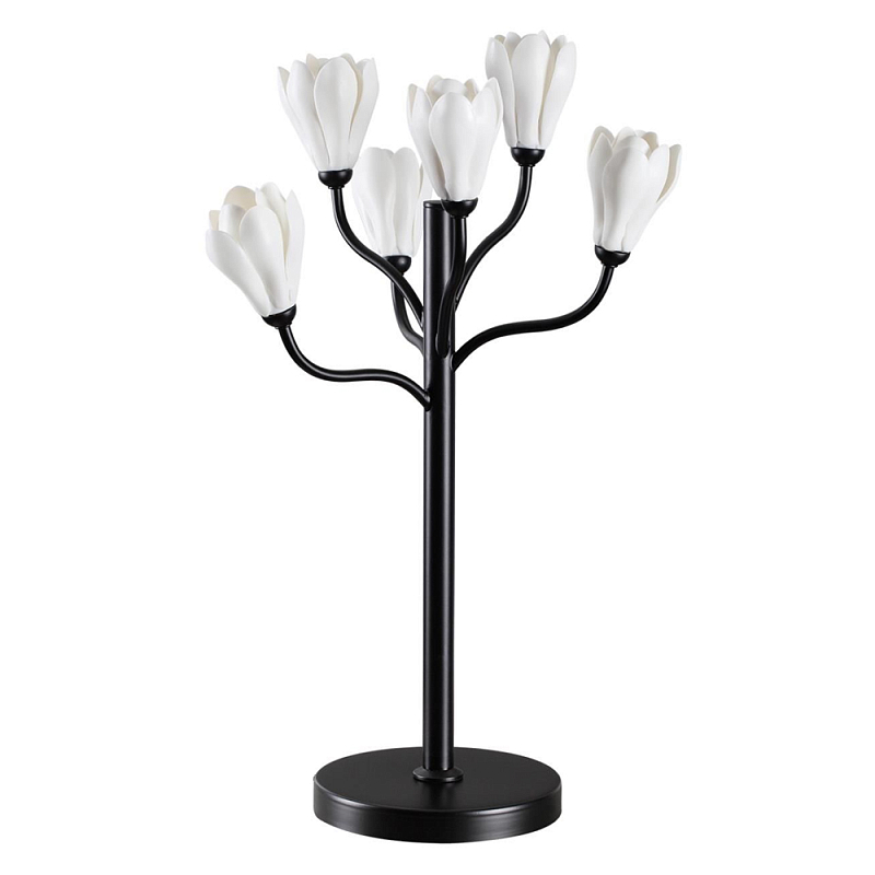 Настольная лампа с ветвями и белыми фарфоровыми цветами Floralis Черный Белый в Рязани | Loft Concept 