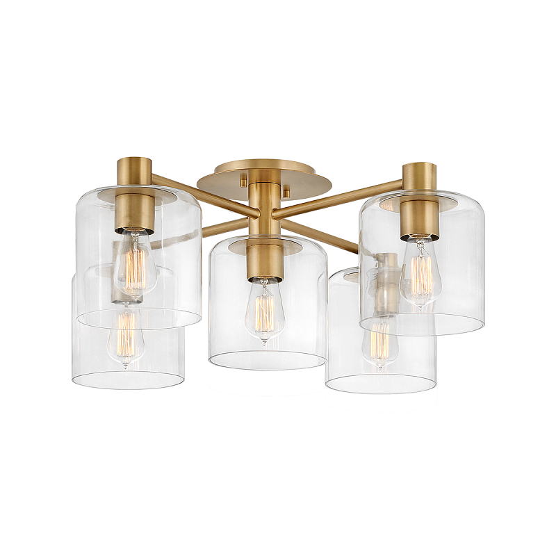 Потолочный светильник цвета латунь с пятью прозрачными цилиндрическими плафонами Hinkley Латунь Прозрачное Стекло в Рязани | Loft Concept 
