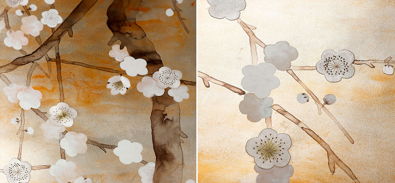 Обои ручная роспись Plum Blossom Special Colourway on White Metal gilded silk with nickel pearlescent antiquing Обои ручная роспись Plum Blossom Special Colourway on White Metal gilded silk with nickel pearlescent antiquing - Loft-Concept в Рязани