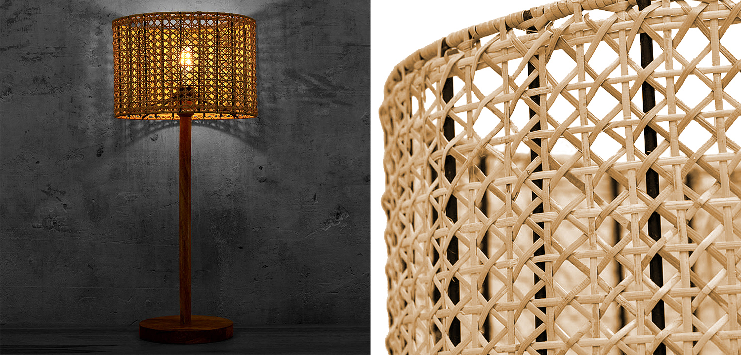 Деревянная настольная лампа с абажуром из ротанга Tamari Wicker Table Lamp Деревянная настольная лампа с абажуром из ротанга Tamari Wicker Table Lamp - Loft-Concept в Рязани